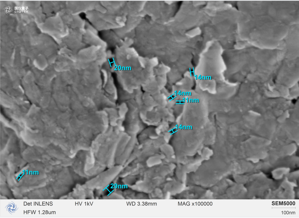 SEM5000 は、100,000 倍の高倍率で個々の層状微結晶を明確に識別し、それらの細孔サイズを分析できます。