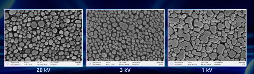 SEM3300で撮影したさまざまな電圧での標準金粒子の画像