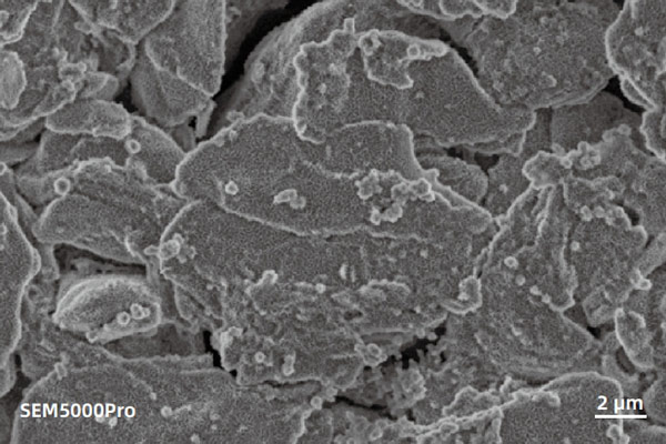 sem image analysis Surface SEI (Solid Electrolyte Interphase) film on the failed negative electrode, imaged under high vacuum conditions using an In-lens Electron Detector (In-lens) at 3 kV